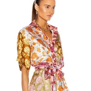 Zimmermann Floral Satin Blouse in Pink and Gold